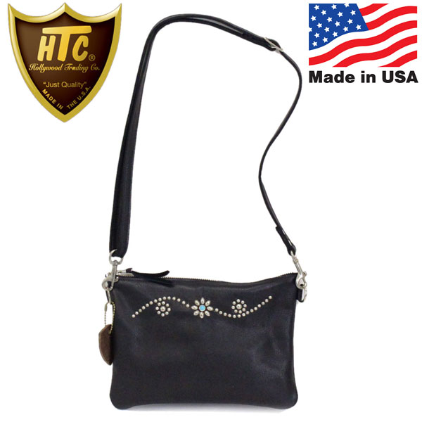 正規取扱店 HTC(Hollywood Trading Company) Clutch Bag with Adjust Strap Medium  #25 Turqoise クラッチバッグ ブラックレザーxシルバースタッズxターコイズ