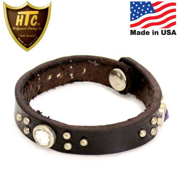 正規取扱店 HTC(Hollywood Trading Company) Bracelet #B Studs Stone 0.5インチ ブレスレット  ブラックレザーxシルバースタッズxラインストーン