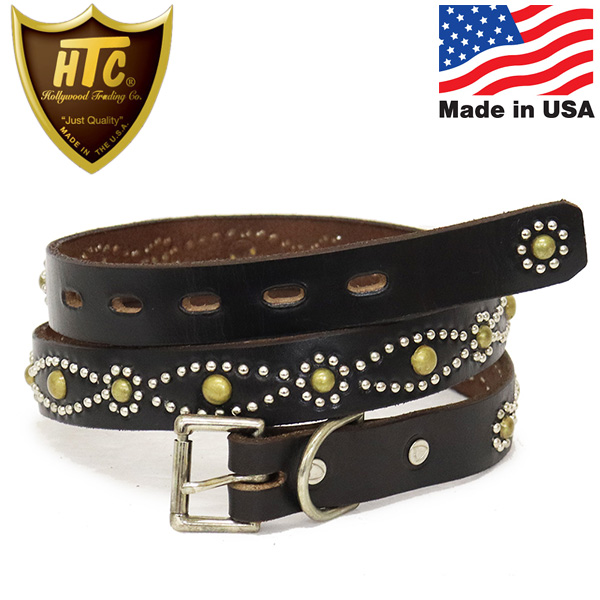 正規取扱店 HTC(Hollywood Trading Company) Belt #D-Style Mix Studs 1.00 1インチ ベルト  ブラックレザーxシルバースタッズxブラススタッズ