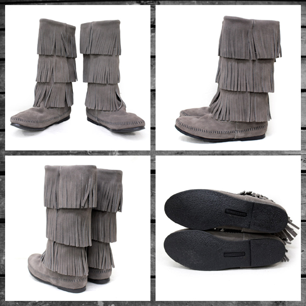 正規取扱店 MINNETONKA(ミネトンカ)Calf Hi 3-Layer Fringe Boot(カーフハイ3レイヤーフリンジブーツ)#1631T GREY レディース MT052