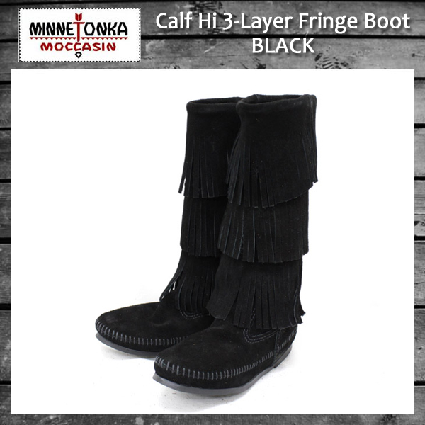 正規取扱店 MINNETONKA(ミネトンカ)Calf Hi 3-Layer Fringe Boot(カーフハイ3レイヤーフリンジブーツ)#1639 BLACK レディース MT055