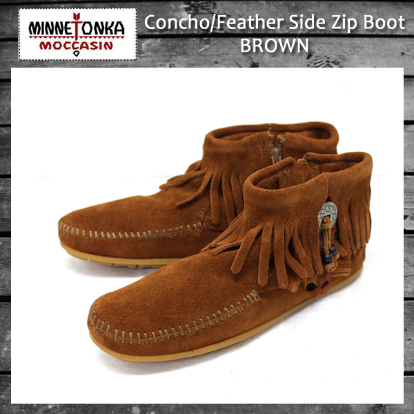 正規取扱店 MINNETONKA(ミネトンカ) Concho Feather Side Zip Boot(コンチョフェザーサイドジップブーツ)#522 BROWN レディースMT046